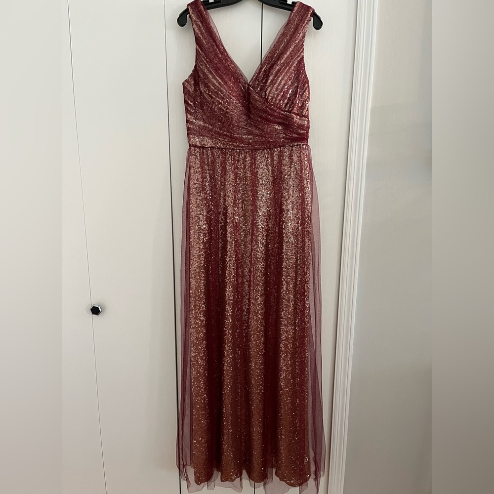 Christina Wu-Mahogany Tulle Rose Gold Sequins V-Neck Full Length Gown